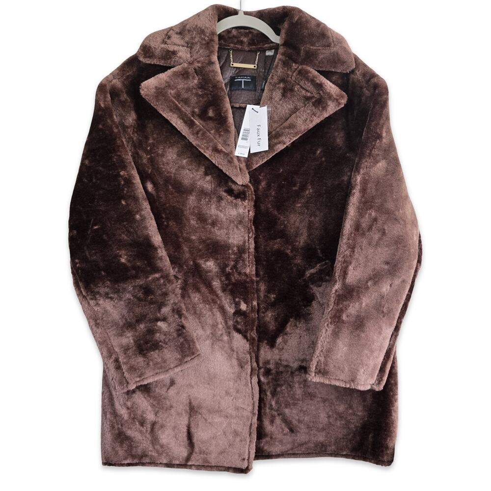 Tahari Coat Womens Small Brown Faux Fur Plush Long Snap Front Jacket Warm